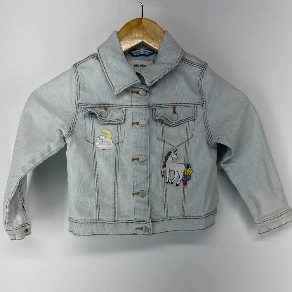 Old Navy Denim Jacket Girls 4T Light Blue Unicorn Girl Gang Princess Patches SEO